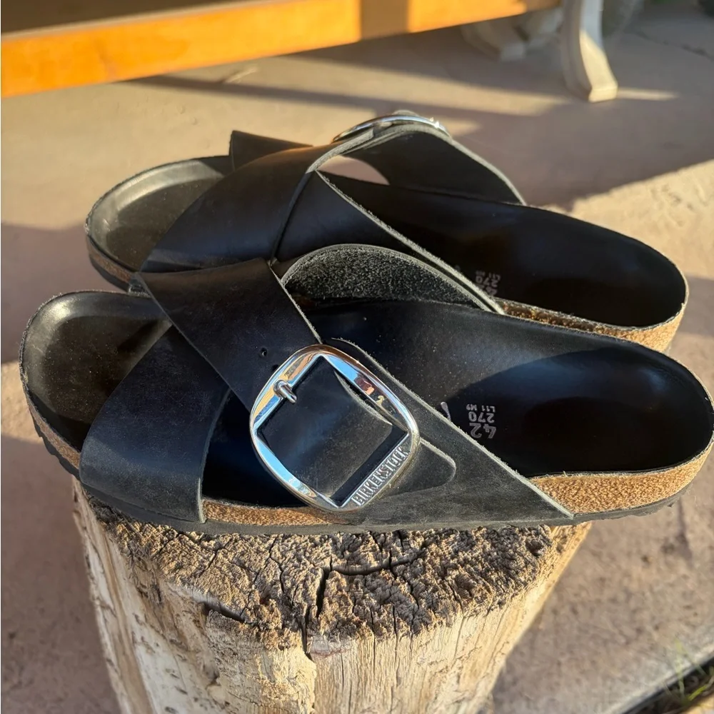 Birkenstock Women's Black Crisscross Cork Slide Sandals with Silver Buckle - Picture 1 of 4